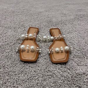 Elegant Pearl-Embellished Brown Sandals